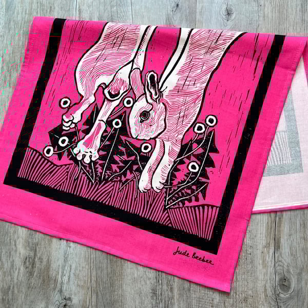"Leap for Joy" tea towel - rabbit screen print in hot pink and black inks