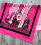 "Leap for Joy" tea towel - rabbit screen print in hot pink and black inks