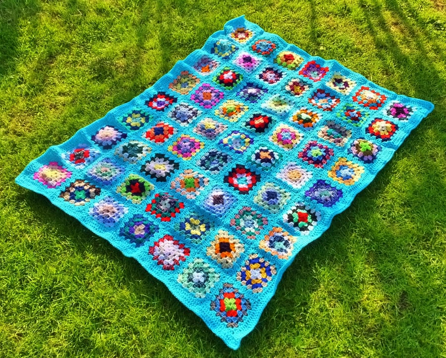 Blue crochet baby or dolls blanket 40" x 32". For cot, pram or push chair.