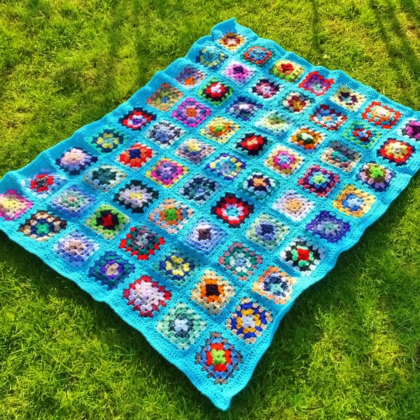 Blue crochet baby or dolls blanket 40" x 32". For cot, pram or push chair.