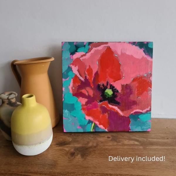 Hand painted red poppy acrylic painting in impressionist style