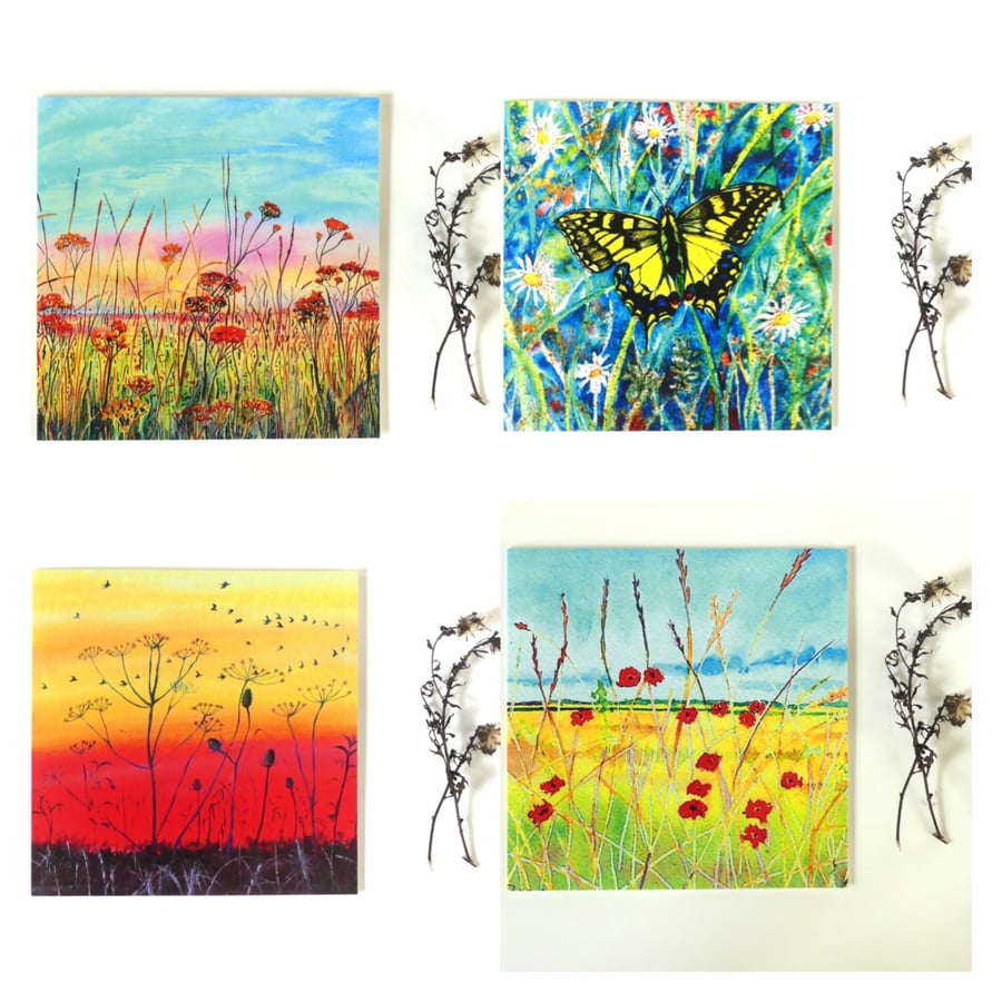 Set of Four Colourful Fen Scene and Butterfly Blank Greeting Cards