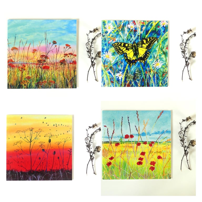Set of Four Colourful Fen Scene and Butterfly Blank Greeting Cards