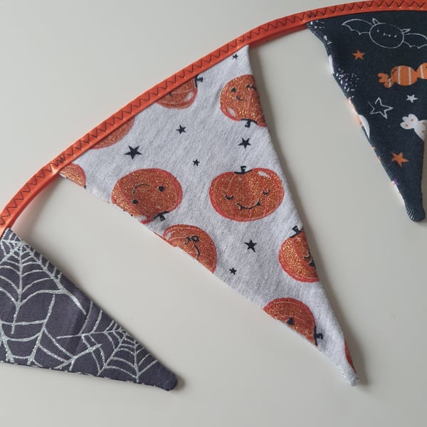 Sparkly Pumpkins and Cobwebs Bunting on Orange Satin Binding