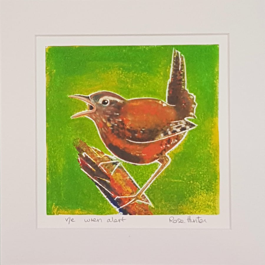 SALE wren alert - original hand painted Lino print 005