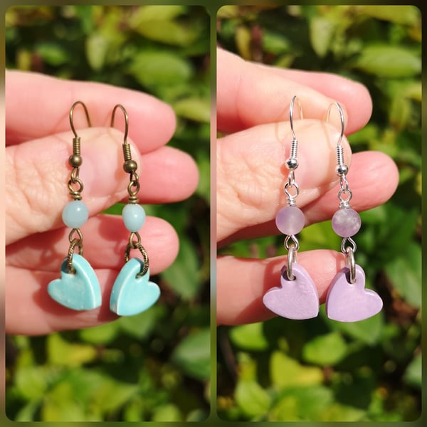 Lilac or mint ceramic heart and gemstone earrings