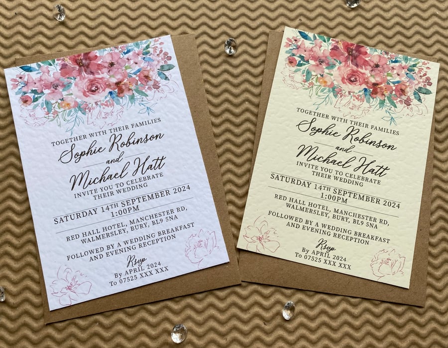 10 wedding INVITES aqua, pink flowers cards dusky blush rustic A5 A6 invitations