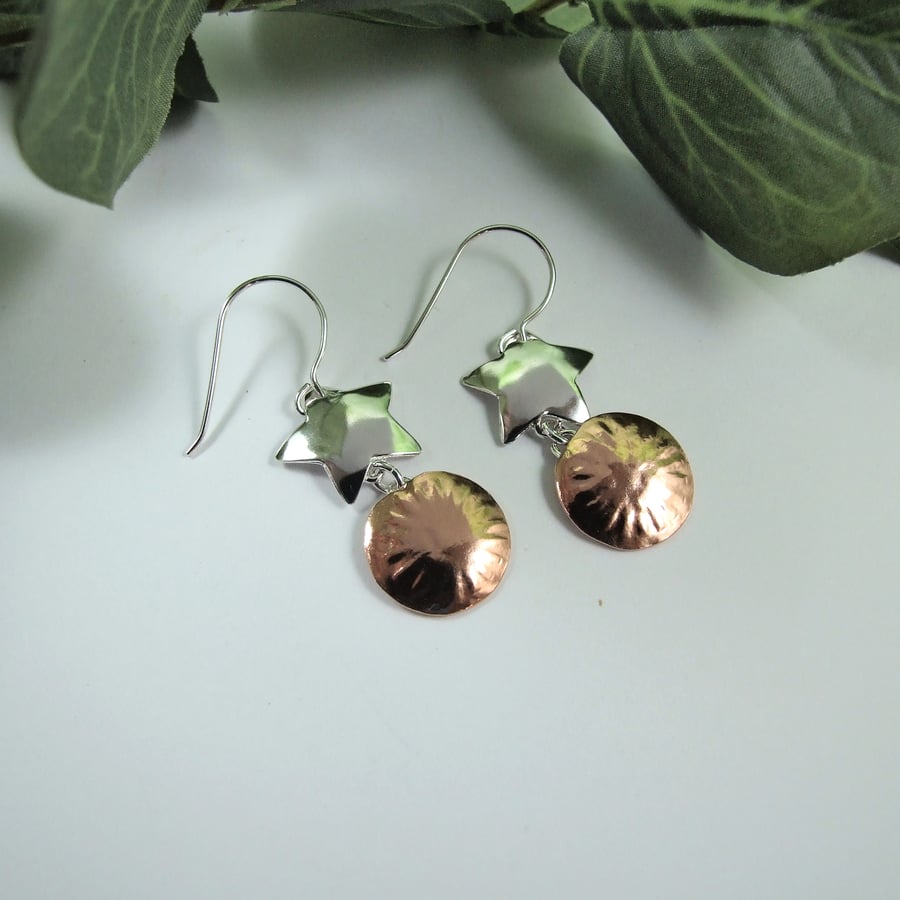 Earrings, Sterling Silver and Copper Wish Upon a Star Dropper Earrings