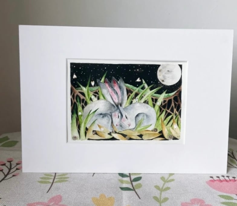 Original Resting Hares Rabbits under the Moon Watercolour 