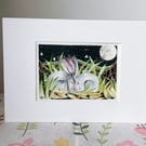 Original Resting Hares Rabbits under the Moon Watercolour 