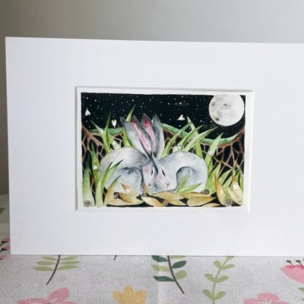 Original Resting Hares Rabbits under the Moon Watercolour 