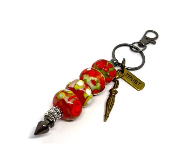 Handmade Lamp-work Glass Bead Bag Charm Keyring with added Charms