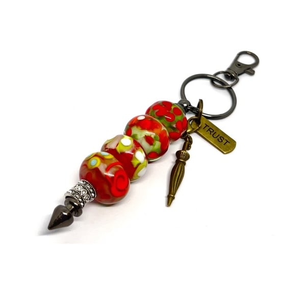 Handmade Lamp-work Glass Bead Bag Charm Keyring with added Charms