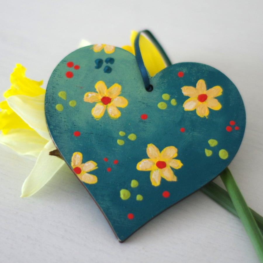 Teal Hanging Heart with Yellow Flowers for Mother's Day, Easter and Valentine's