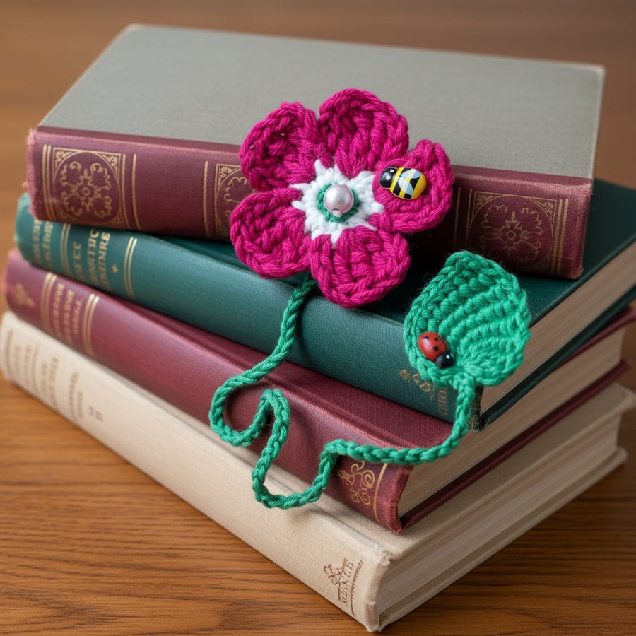 Pink Forget-Me-Not Crochet Bookmark with Green Leaf, Bee and Ladybird