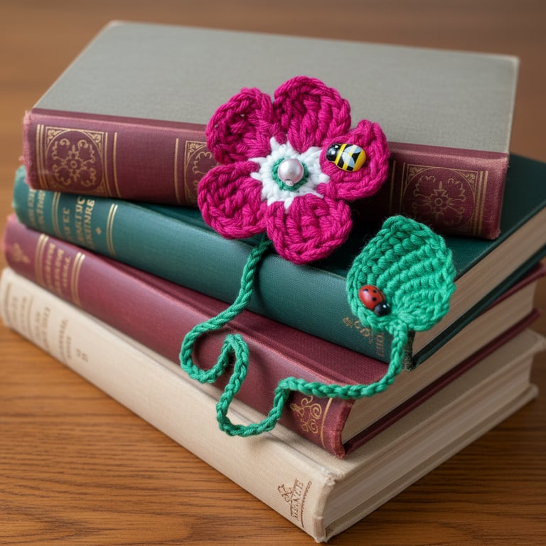 Pink Forget-Me-Not Crochet Bookmark with Green Leaf, Bee and Ladybird