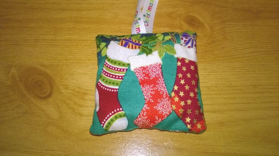 Christmas key ring & mini lavender bag, Stockings theme, cotton, square