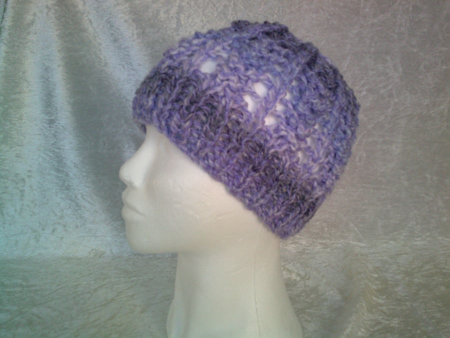 Hand Knitted Ladies Lavender Lacy Hat
