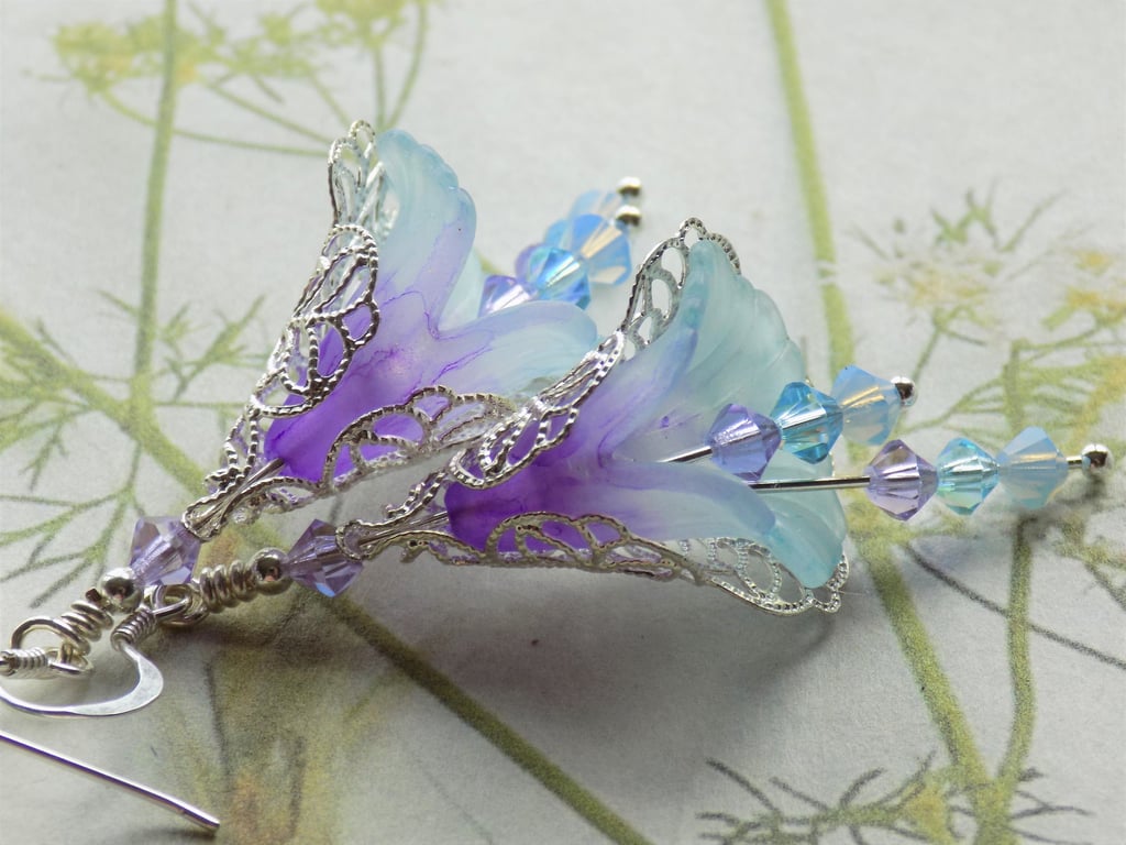 Pale Blue and Violet "Purple Kissed" Hand Painted Flower Earrings