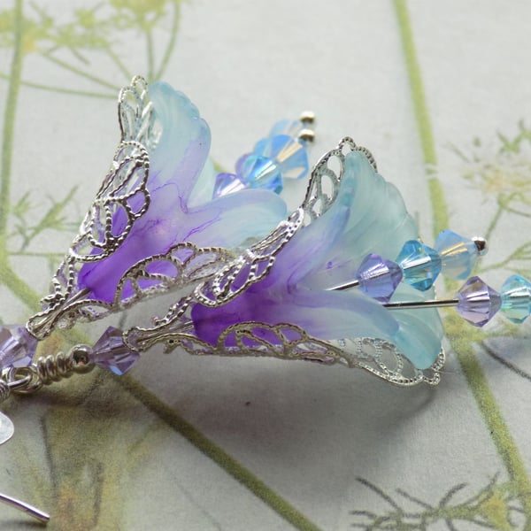 Pale Blue and Violet "Purple Kissed" Hand Painted Flower Earrings
