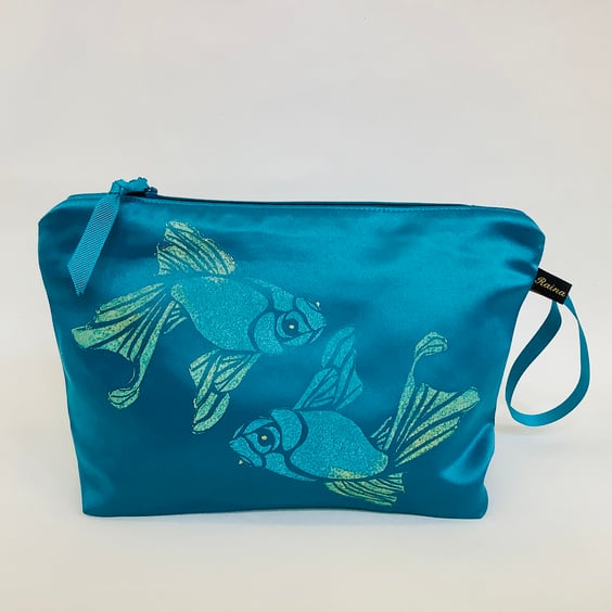 Teal Koi Fish Duchess Satin Makeup Bag