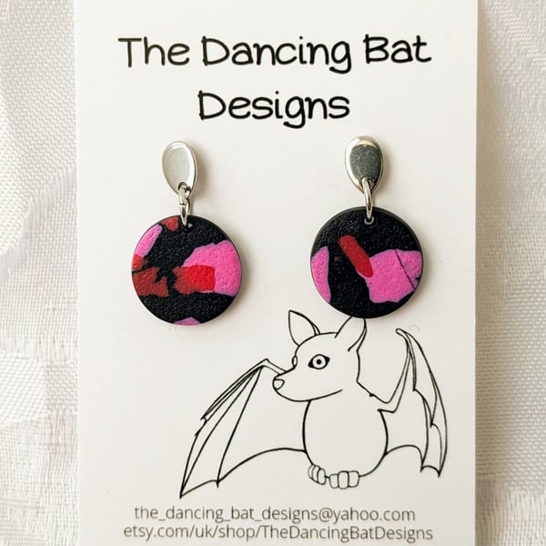 Red Pink And Black Terrazzo Style Earrings, Surgical Steel Posts, Polymer Clay