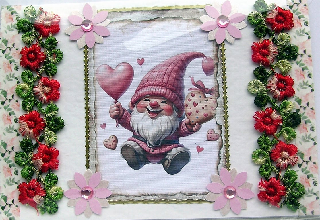 Pink Balloon Heart Gnome - Hand Crafted 3D Decoupage Card - Blank 2761