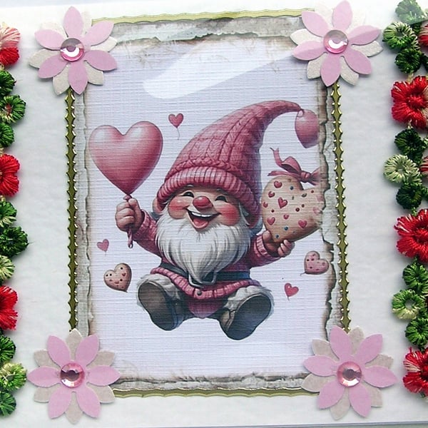 Pink Balloon Heart Gnome - Hand Crafted 3D Decoupage Card - Blank 2761