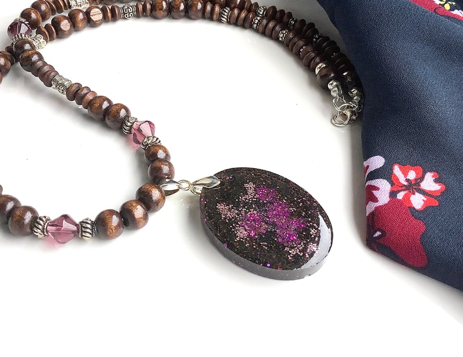 Statement wooden bead necklace, with resin pendant, purple glitter