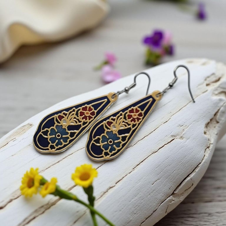 Vintage style, enamelled effect, flower earrings, Boho earrings