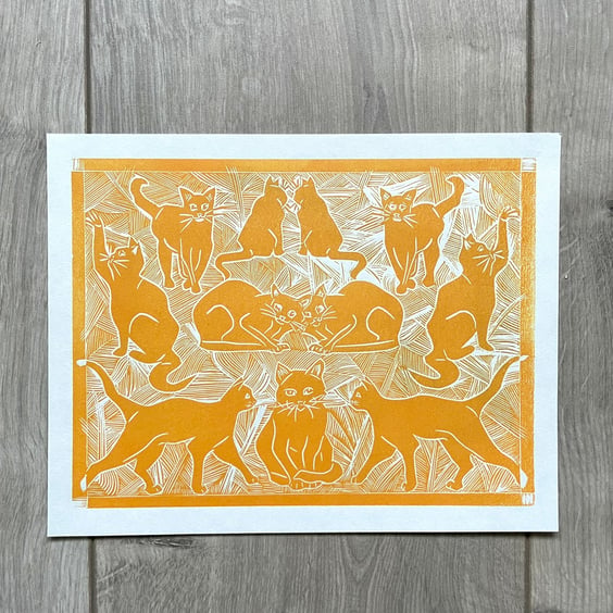 Lino Print Ginger Cats - Cat Lover Gift - Cat Wall Art - Art Deco Style