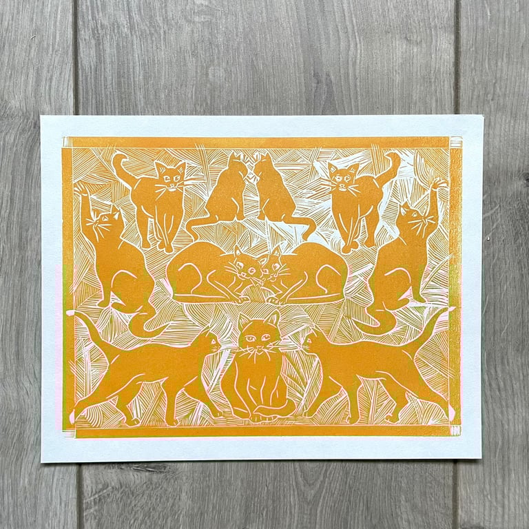Ginger Cats Art Deco Lino Print