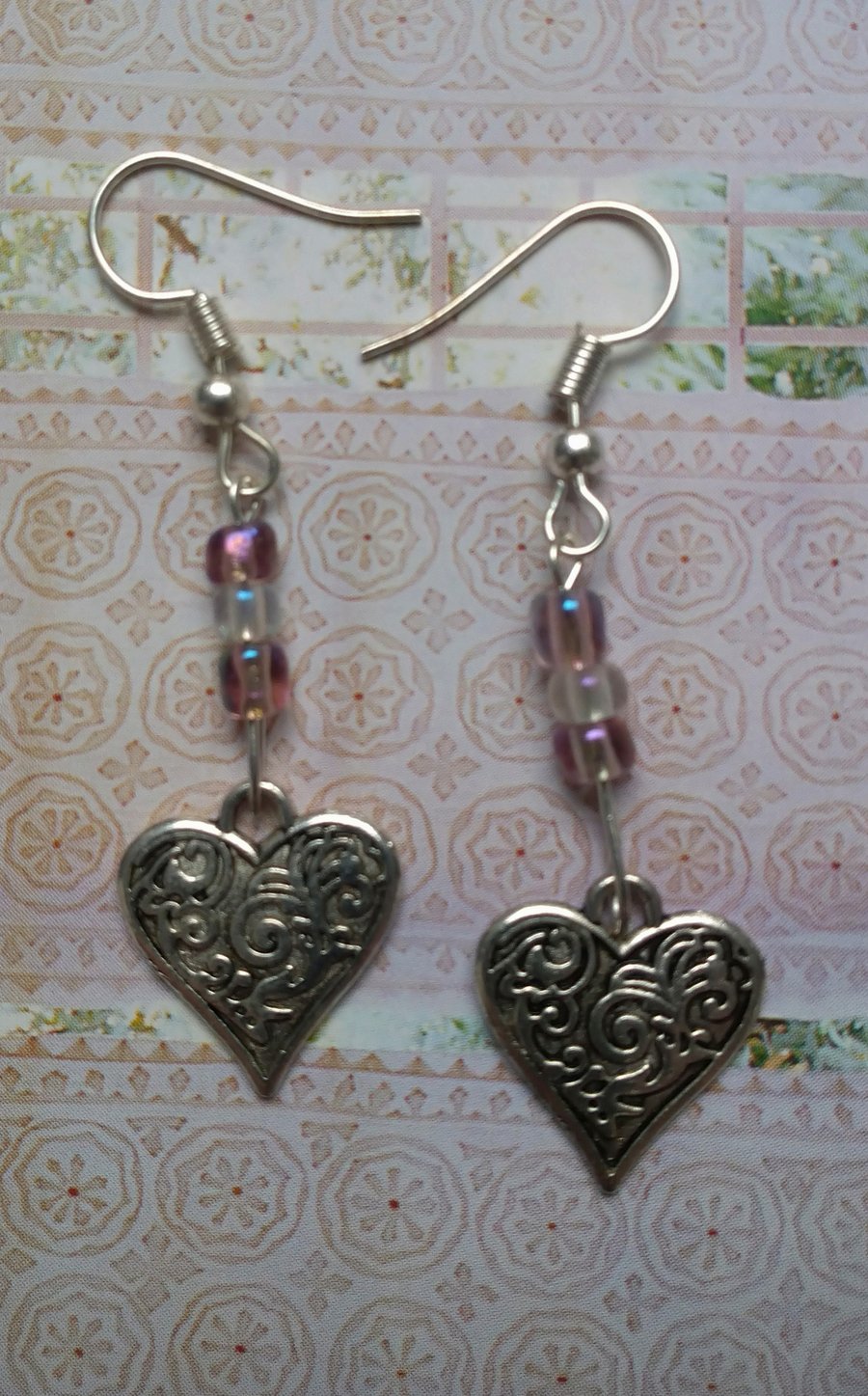 Silver Heart and Bead Earrings 