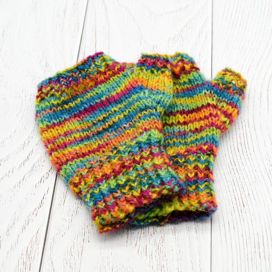 SOLD - Hand Knitted fingerless mittens small child - Multicolour