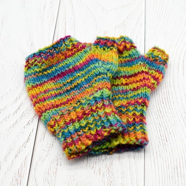 Hand Knitted fingerless mittens small child - Multicolour