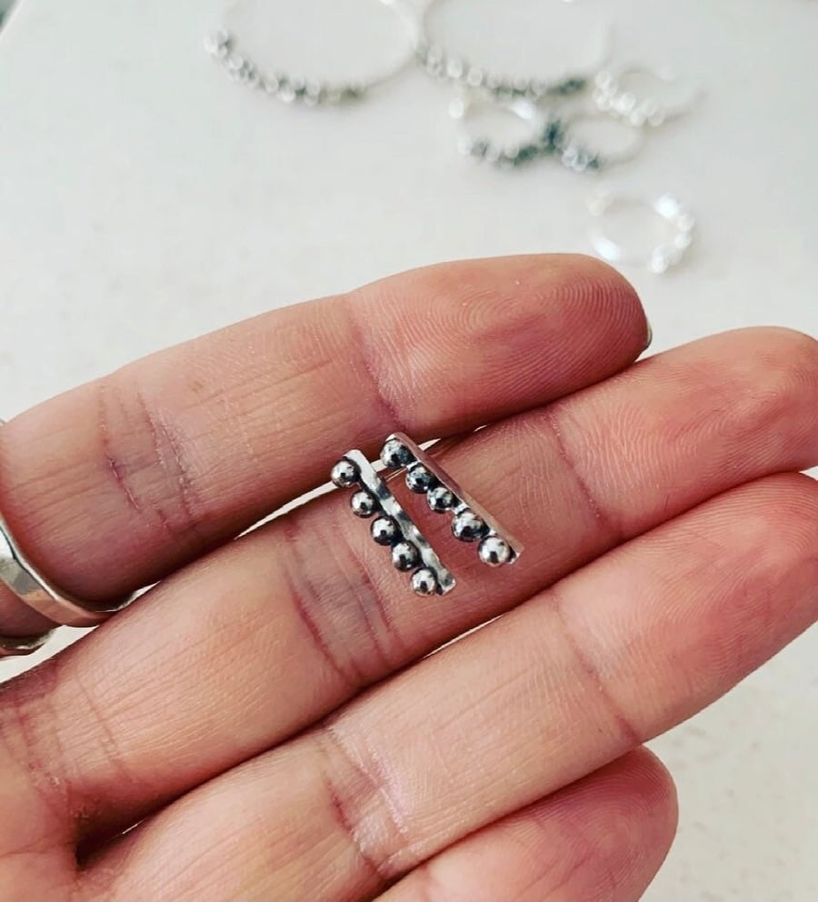 Silver Bar Stud Earrings - Handmade Beaded Oxidised Sterling Silver 