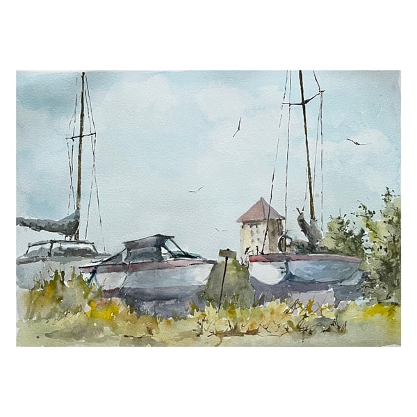 Boats Resting In The Yard, an original watercolour painting