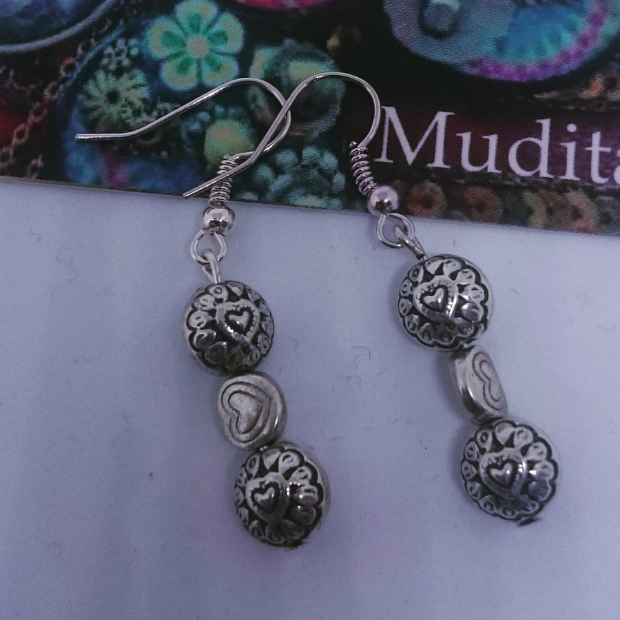 Lovely Dangly Sterling Silver Earrings with Hearts 