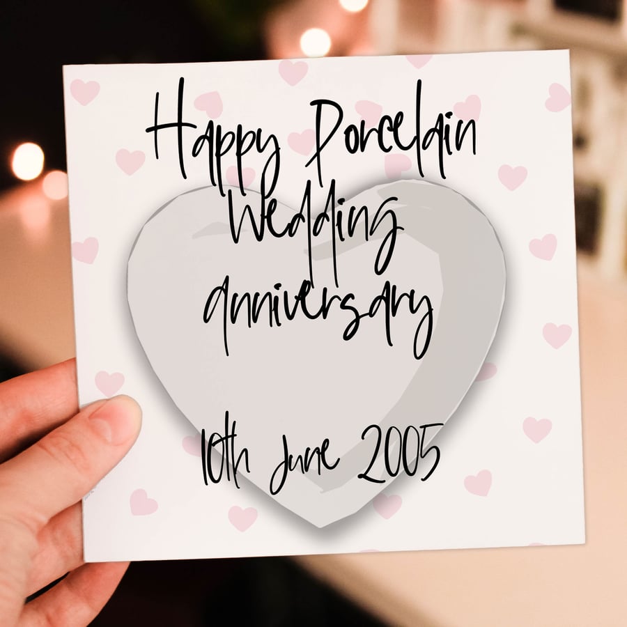 Porcelain (18th or 20th) anniversary card: Personalised with date