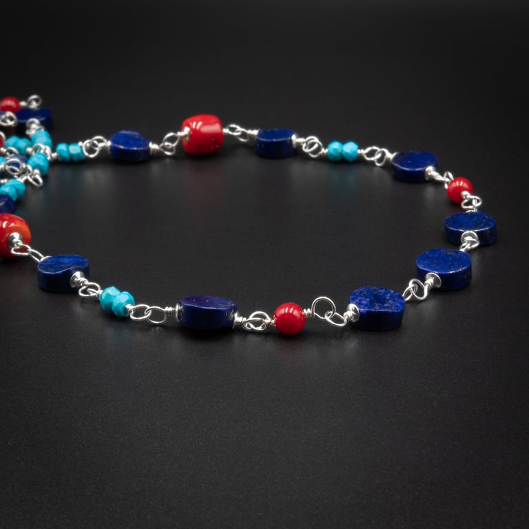 Turquoise, Lapis Lazuli, Coral and sterling link necklace, Sagittarius jewelry