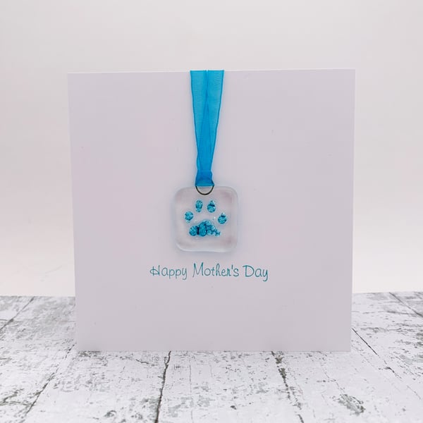 Mother's Day Card with Pawprint Fused Glass Keepsake Glass Suncatcher