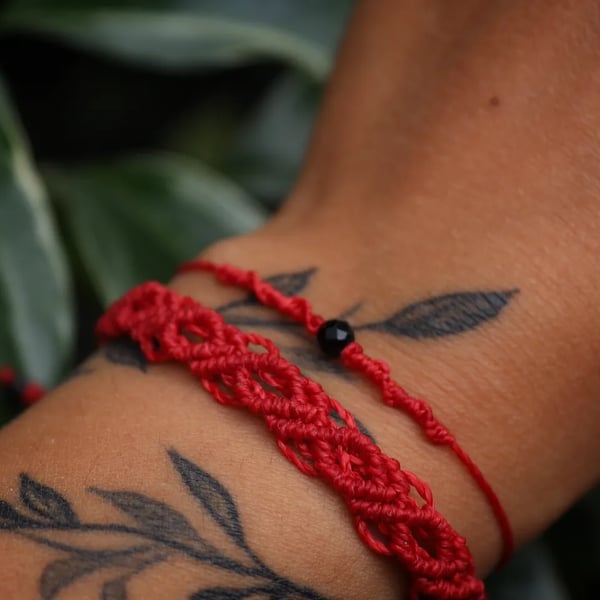 Set of two adjustable micro macrame bracelets with black Tourmaline