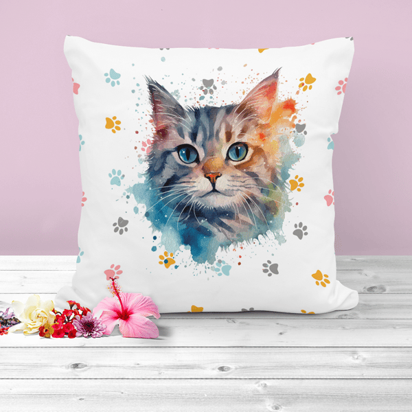 Cushion with a watercolour cat and a background of cat prints. Ideal gift.