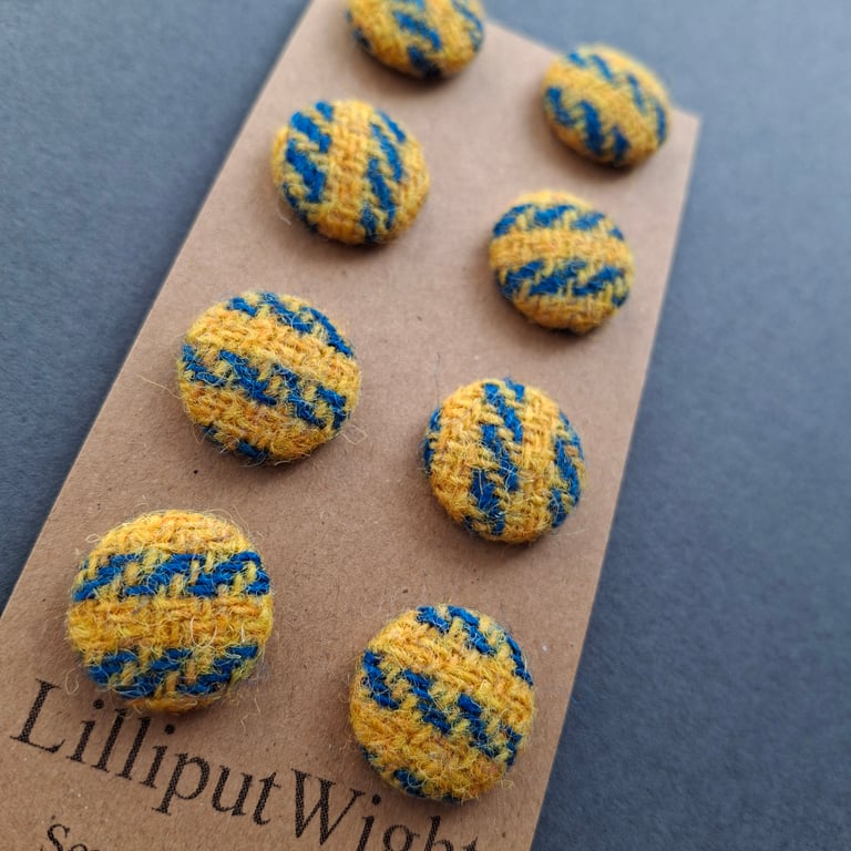 Set of eight scrap bag buttons - in yellow and teal Harris Tweed
