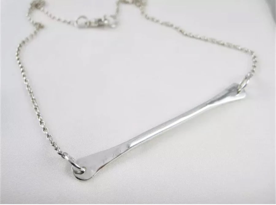 Hand Forged Sterling Silver Hammered Bar Necklace 17" - Handmade