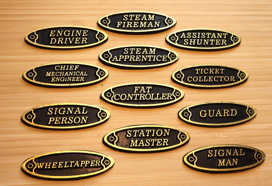 XL Railway Lapel Badges, that you can easily read, with a dash of fun.