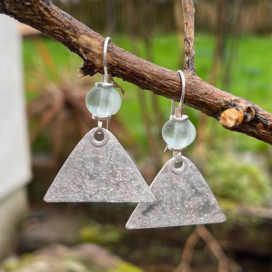Sterling silver and frosted aqua glass large triangle earrings 