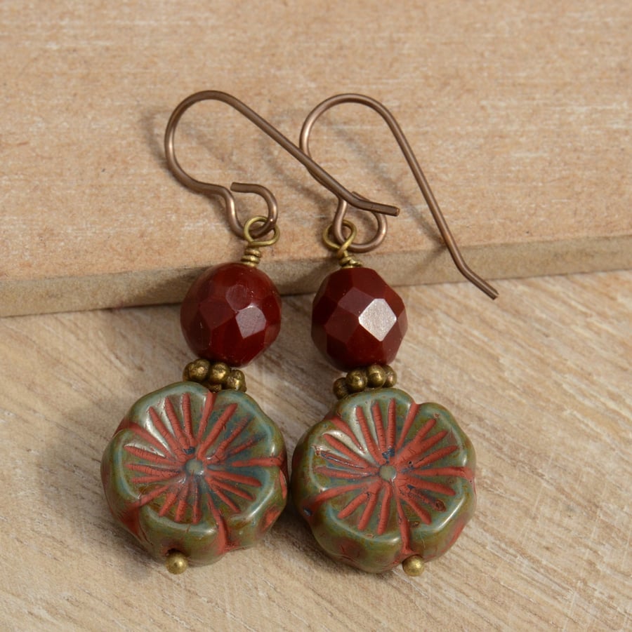 Green and Russet Czech Flower & Deep Red Bead Handmade Earrings