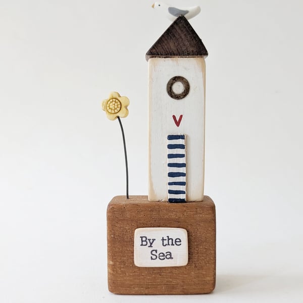 Tall Wooden Sea Hut with Clay Flower and Seagull 'By the Sea'