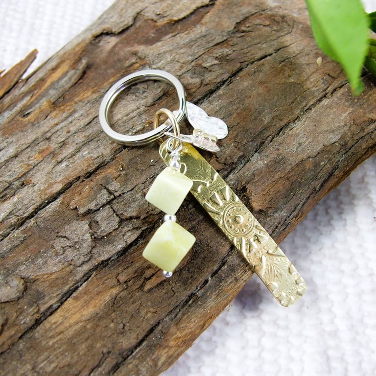 Bag Charm, Brass with Sterling Silver Butterfly and Lemon Jade Gemstones